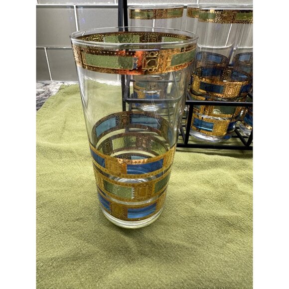 6 MCM Culver Empress Highball Glass Set 22K Gold Trim Caddy Table Top Decor Bar - Picture 5 of 16